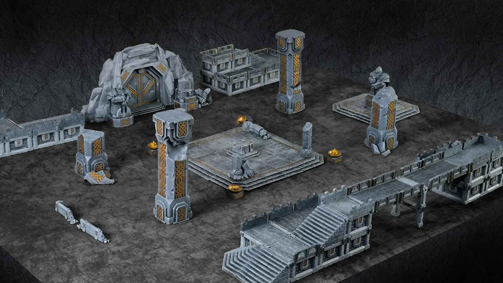 Décor wargame imprimé en 3D, ruines de donjon fantastique, colonnes, statues, escaliers.