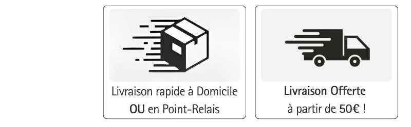 Icônes de livraison rapide à domicile ou en point-relais, livraison offerte dès 50€