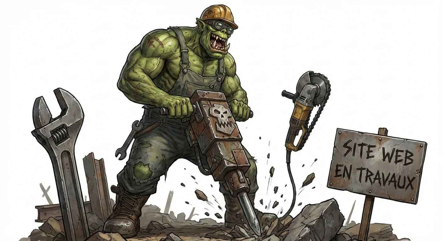 Orc ou troll ouvrier en salopette, casque et perceuse, panneau 'site web en travaux', ambiance wargame post-apocalyptique.