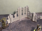 Décor ruines modulaires en 3D pour wargame, figurines sur plateau de jeu.